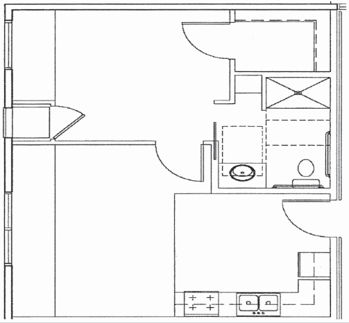 Floor plan for 1 bed, 1 bath, 500 sqft